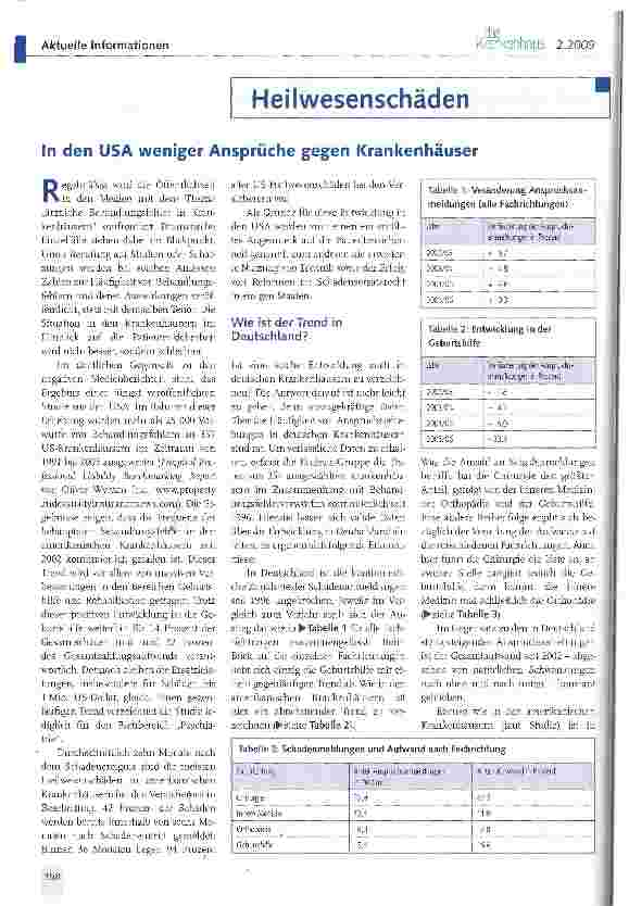 Vorschauseite 1: HeilwesenschädenIn den USA weniger Ansprüche gegen Krankenhäuser
