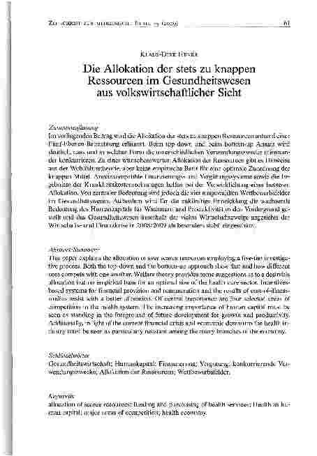 Vorschauseite 1: Die Allokation der stets zu knappen Ressourcen im Gesundheitswesen aus volkswirtschaftlicher Sicht