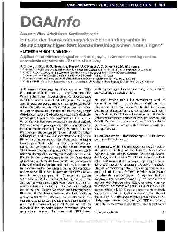 Vorschauseite 1: Einsatz der transösophagealen Echokardiographie in deutschsprachigen kardioanästhesiologischen Abteilungen