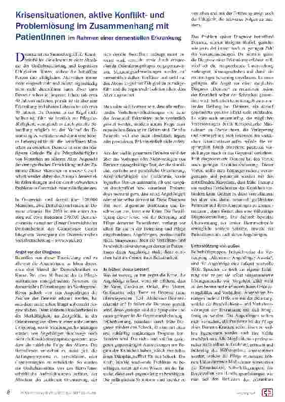 Vorschauseite 1: Krisensituationen, aktive Konfliktund Problemlösung im Zusammenhang mit Patientinnen im Rahmen einer dementieilen Erkrankung