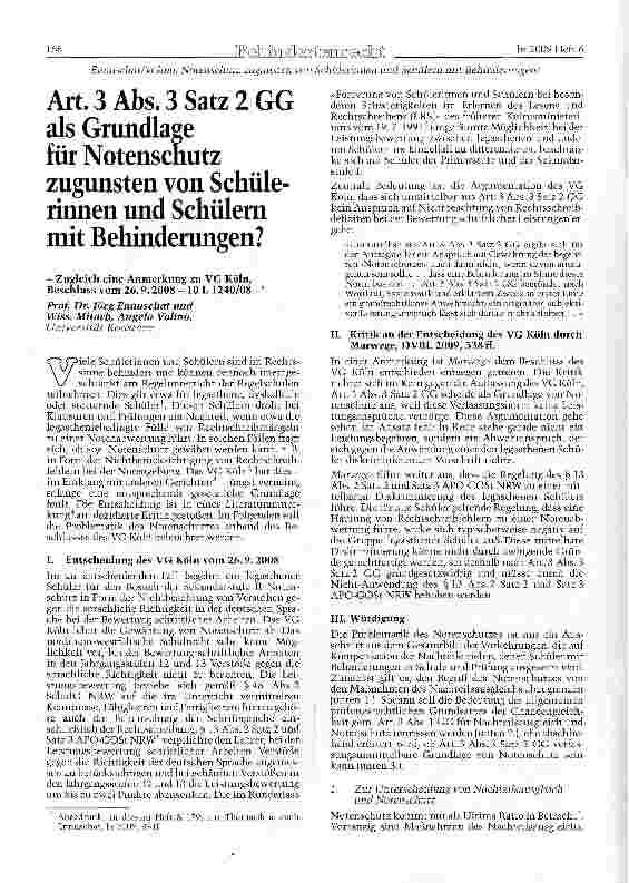 Vorschauseite 1: Art. 3 Abs. 3 Satz 2 GG als Grundlage für Notenschutz zugunsten von Schülerinnen und Schülern mit Behinderungen?