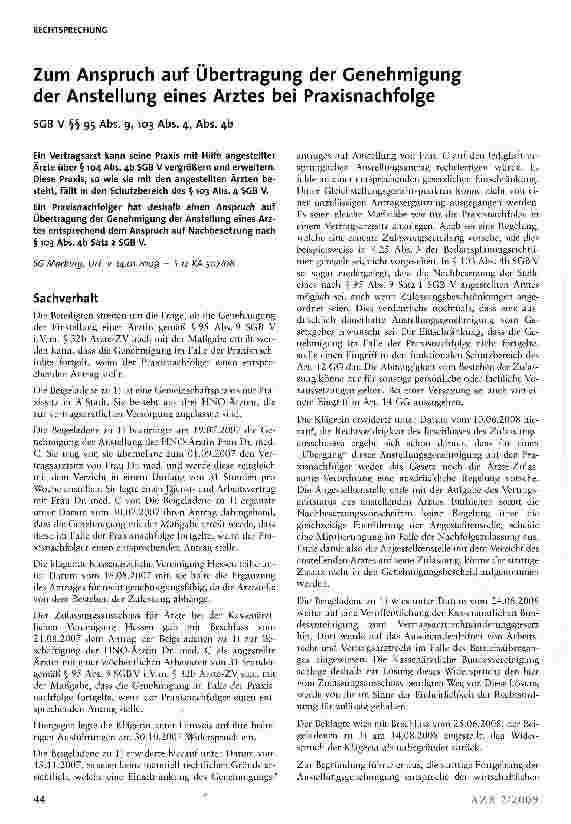 Vorschauseite 1: Zum Anspruch auf Übertragung der Genehmigung der Anstellung eines Arztes bei Praxisnachfolge