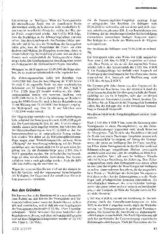 Vorschauseite 2: Zum Anspruch auf Übertragung der Genehmigung der Anstellung eines Arztes bei Praxisnachfolge