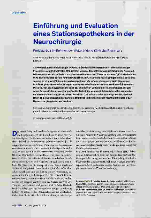 Vorschauseite 1: Einführung und Evaluation eines Stationsapothekers in der Neurochirurgie