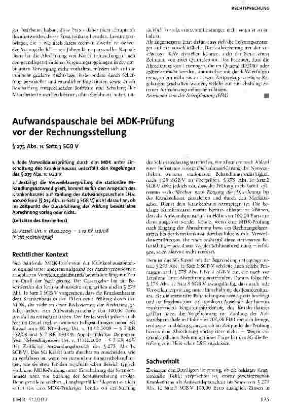 Vorschauseite 1: Aufwandspauschale bei MDK-Prüfung vor der Rechnungsstellung