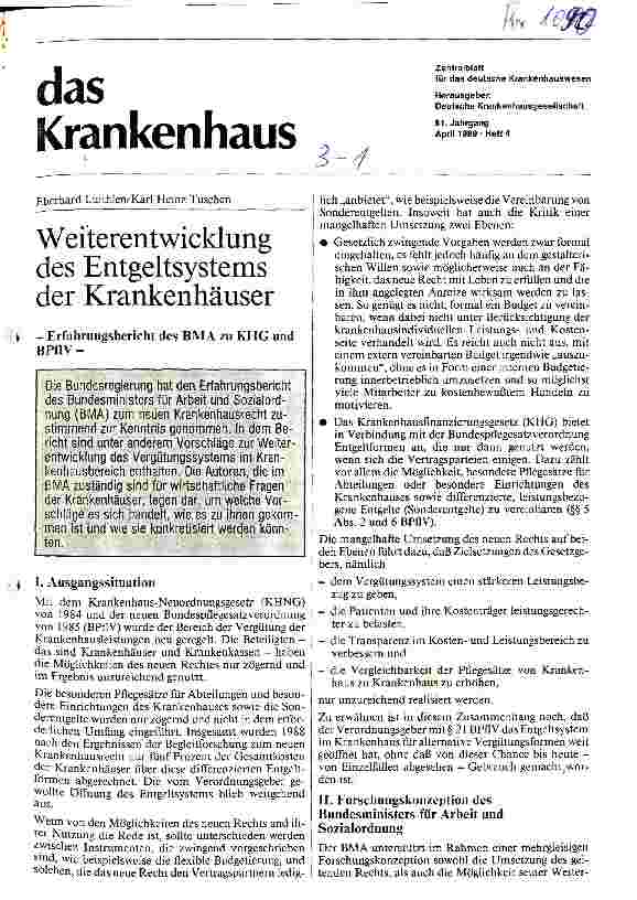 Vorschauseite 1: Weiterentwicklung des Entgeltsystems der Krankenhäuser Erfahrungsbericht des BMA zu KHG