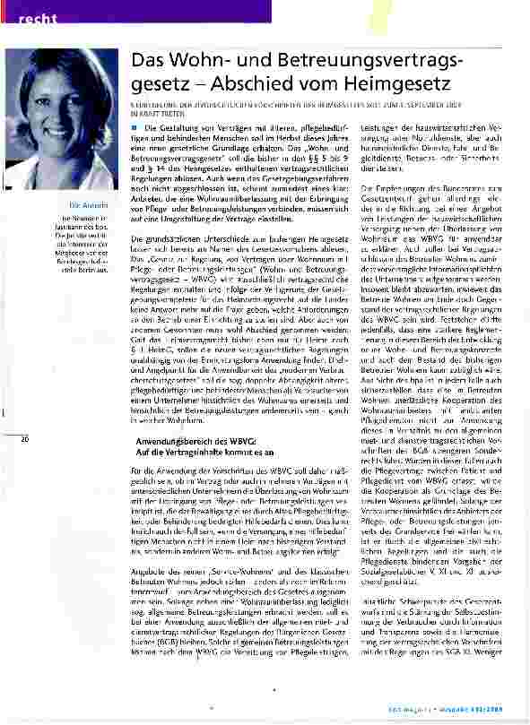Vorschauseite 1: Das Wohnund Betreuungsvertragsgesetz - Abschied vom HeimgesetzNEUREGELUNG DER ZIVILRECHTLICHEN VORSCHRIFTEN DES HEIMGESETZES SOLL ZUM 1. SEPTEMBER 2009 IN KRAFT TRETEN