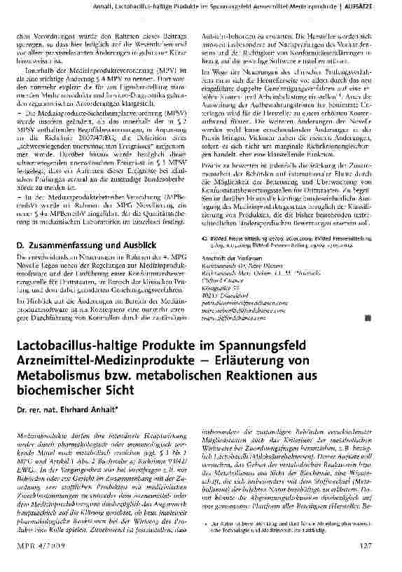 Vorschauseite 1: Lactobacillus-haltige Produkte im Spannungsfeld Arzneimittel-Medizinprodukte — Erläuterung von Metabolismus bzw. metabolischen Reaktionen aus biochemischer Sicht