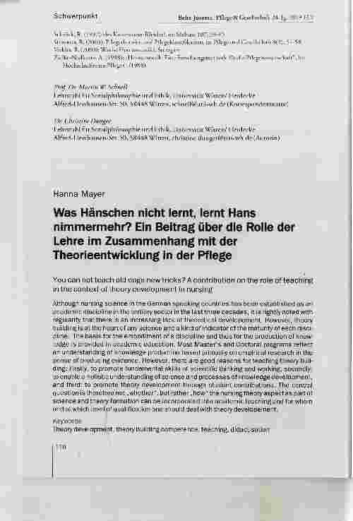 Vorschauseite 1: Was Hänschen nicht lernt, lernt Hans nimmermehr? Ein Beitrag über die Rolle der Lehre im Zusammenhang mit der Theorieentwicklung in der Pflege