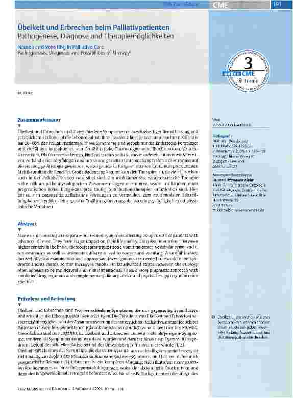 Vorschauseite 1: Übelkeit und Erbrechen beim PalliativpatientenPathogenese, Diagnose und Therapiemöglichkeiten