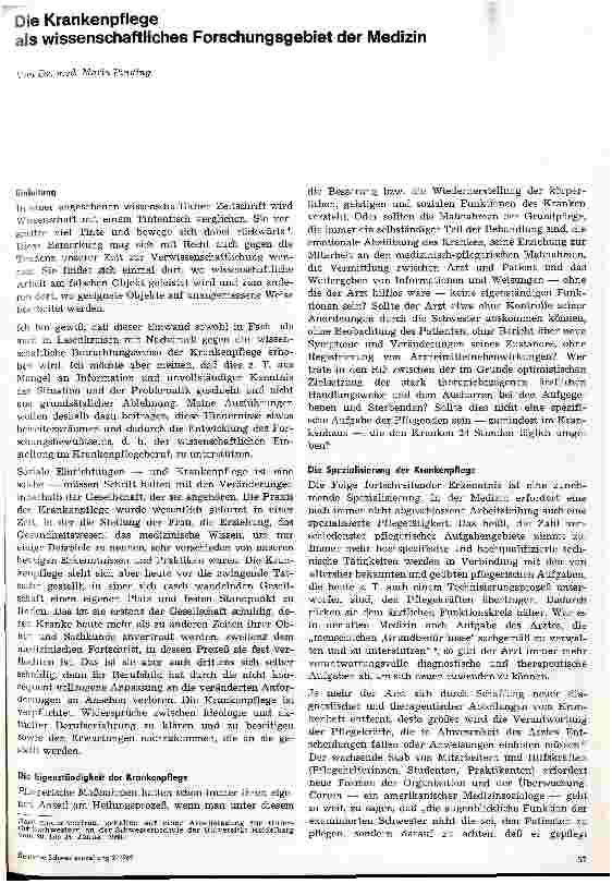 Vorschauseite 1: Die Krankenpflege als wissenschaftliches Forschungsgebiet der Medizin