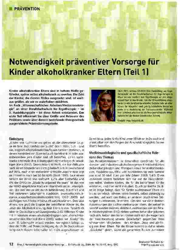 Vorschauseite 1: Notwendigkeit präventiver Vorsorge für Kinder alkoholkranker Eltern (Teil 1)