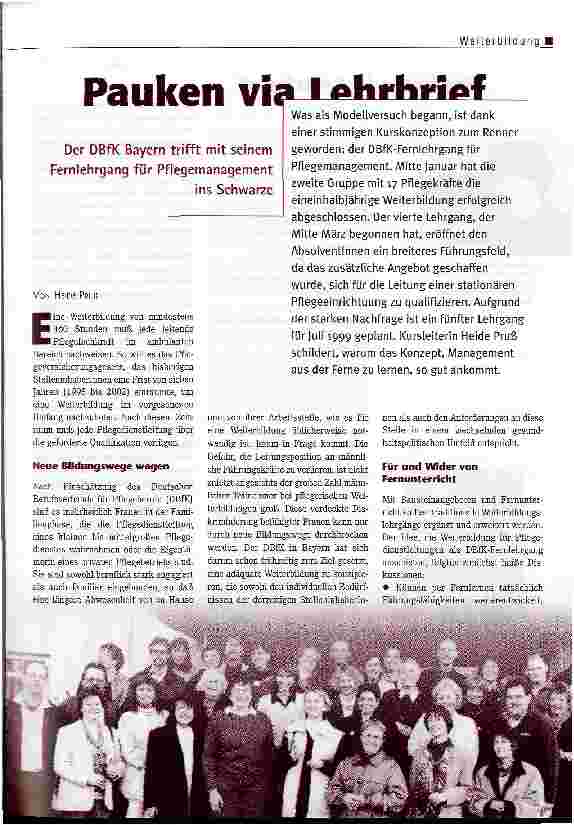 Vorschauseite 1: Pauken via Lehrbrief Der DBfK Bayern trifft mit seinem Fernlehrgang für Pflegemanagement ins Schwarze