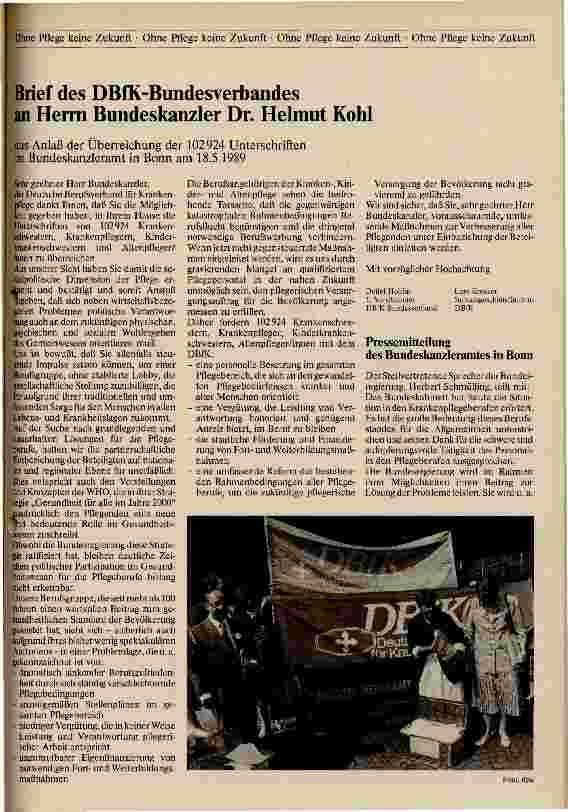 Vorschauseite 1: Brief des DBfK-Bundesvorstandes an Herrn Bundeskanzler Dr. Helmut Kohl aus Anlaß der Überreichung der 102924 Unterschriften
