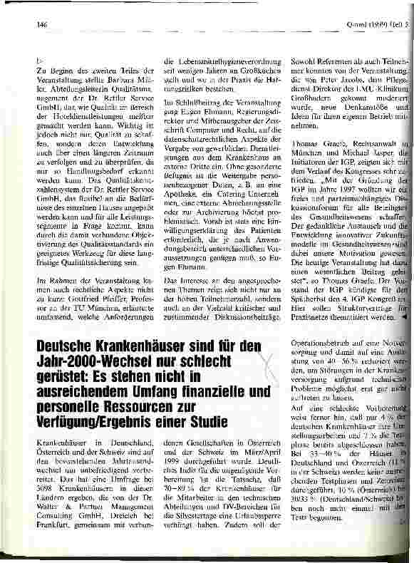 Vorschauseite 1: Deutsche Krankenhäuser sind für den Jahr-2000-Wechsel nur schlecht gerüstet: Es stehen nicht in ausreichendem Umfang finanzielle und personelle Ressourcen zur Verfügung/Ergebnis e…