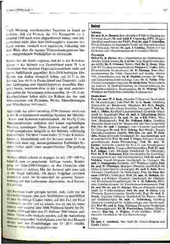Vorschauseite 2: Deutsche Krankenhäuser sind für den Jahr-2000-Wechsel nur schlecht gerüstet: Es stehen nicht in ausreichendem Umfang finanzielle und personelle Ressourcen zur Verfügung/Ergebnis e…