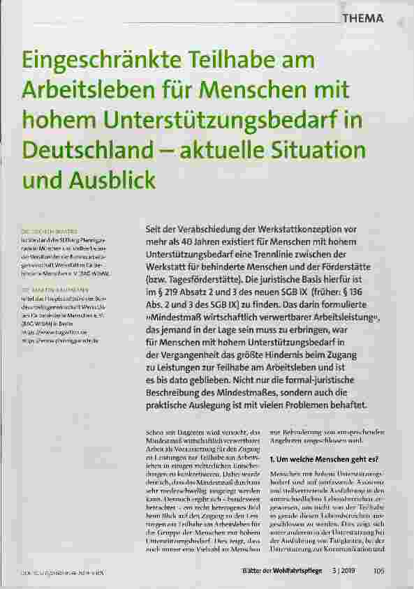 Vorschauseite 1: Eingeschränkte Teilhabe am Arbeitsleben für Menschen mit hohem Unterstützungsbedarf in Deutschland - aktuelle Situation und Ausblick