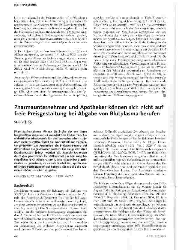 Vorschauseite 1: Pharmaunternehmer und Apotheker können sich nicht auf freie Preisgestaltung bei Abgabe von Blutplasma berufen