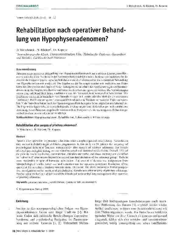 Vorschauseite 1: Rehabilitation nach operativer Behandlung von Hypophysenadenomen?