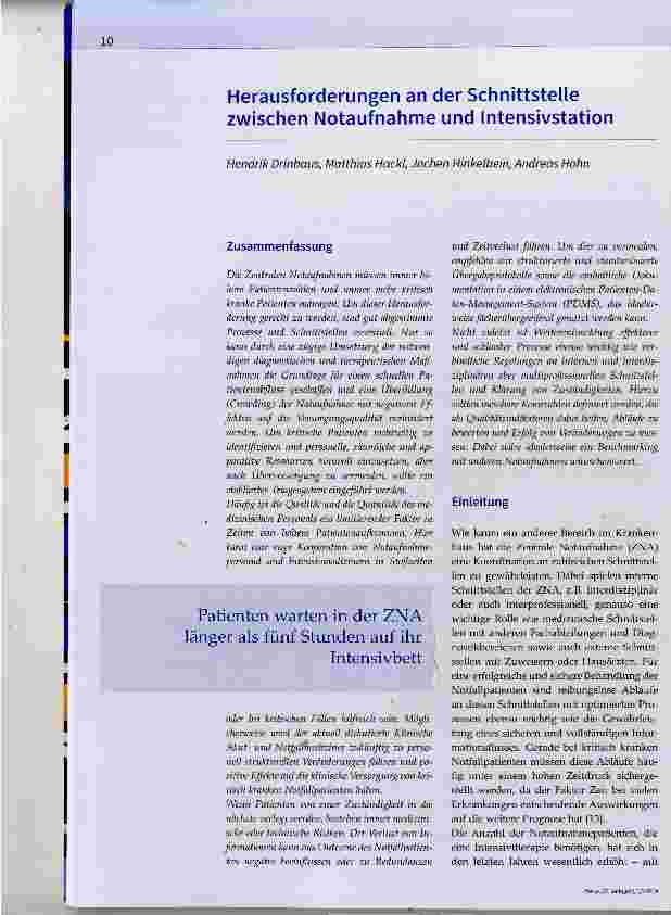 Vorschauseite 1: Herausforderungen an der Schnittstelle zwischen Notaufnahme und IntensivstationPatienten warten in der ZNA länger als fünf Stunden auf ihr Intensivbett