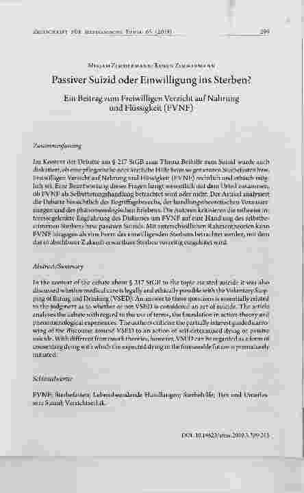 Vorschauseite 1: Passiver Suizid oder Einwilligung ins Sterben?