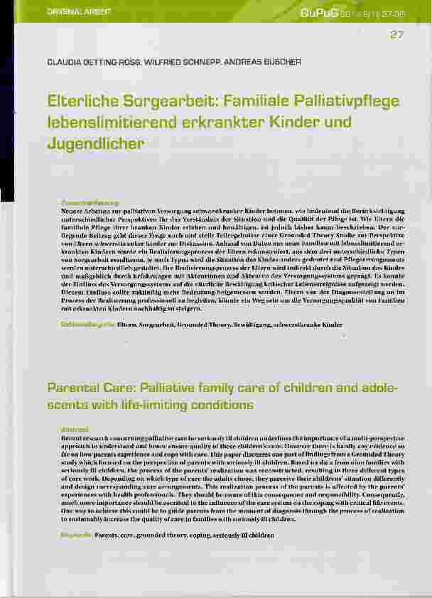 Vorschauseite 1: Elterliche Sorgearbeit: Familiale Palliativpflege lebenslimitierend erkrankter Kinder und Jugendlicher