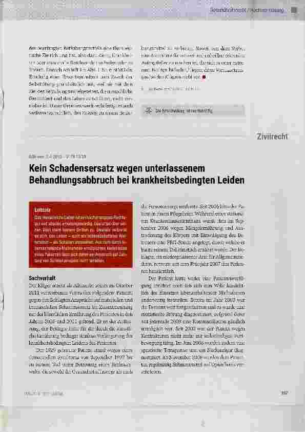 Vorschauseite 1: Kein Schadensersatz wegen unterlassenem Behandlungsabbruch bei krankheitsbedingten Leiden