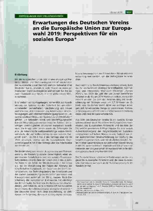 Vorschauseite 1: Erwartungen des Deutschen Vereins an die Europäische Union zur Europawähl 2019: Perspektiven für ein soziales Europa