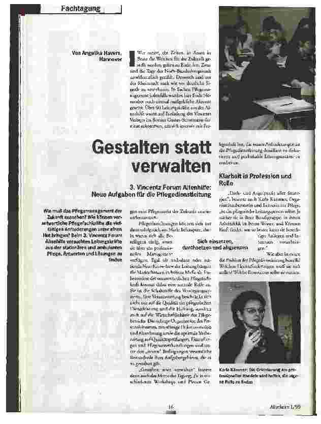 Vorschauseite 1: Gestalten statt verwalten 3. Vincentz Forum Altenhilfe : Neue Aufgaben für die Pflegedienstleitung