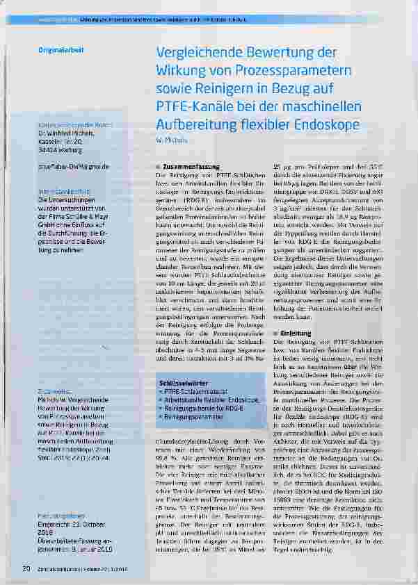 Vorschauseite 1: Vergleichende Bewertung der Wirkung von Prozessparametern sowie Reinigern in Bezug auf PTFE-Kanäle bei der maschinellen Aufbereitung flexibler Endoskope