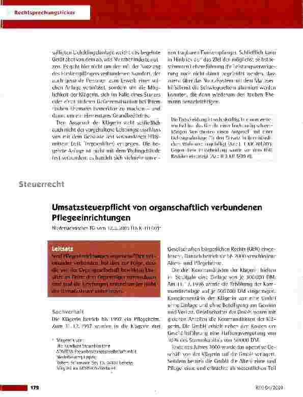 Vorschauseite 1: Umsatzsteuerpflicht von organschaftiieh verbundenen Pflegeeinrichtungen