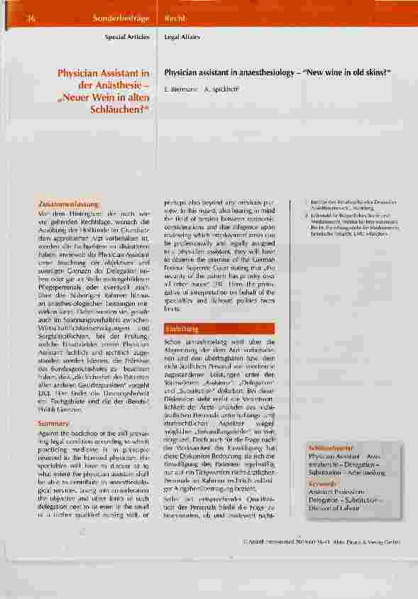 Vorschauseite 1: Physician Assistant in der Anästhesie „Neuer Wein in alten Schläuchen?