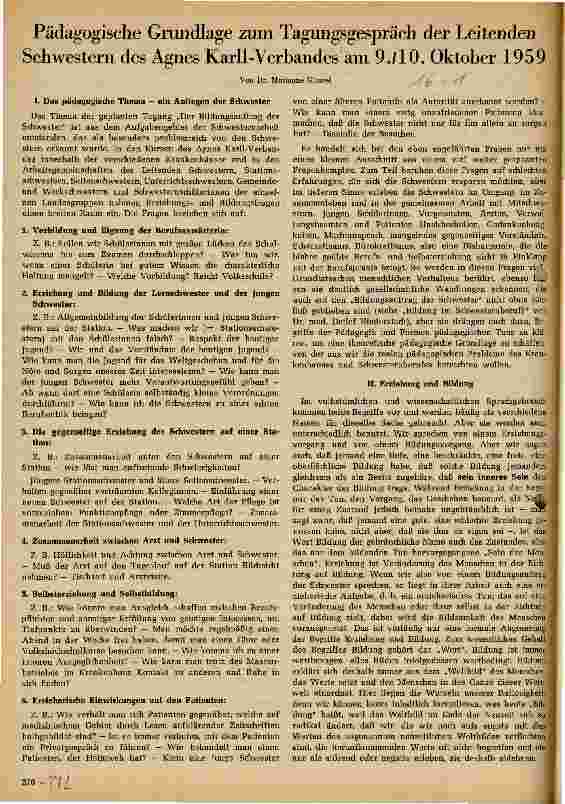 Vorschauseite 1: Pädagogische Grundlage zum Tagungsgespräch der Leitenden Schwestern des Agnes Karll-Verbandes am 9. /10. Oktober 1959