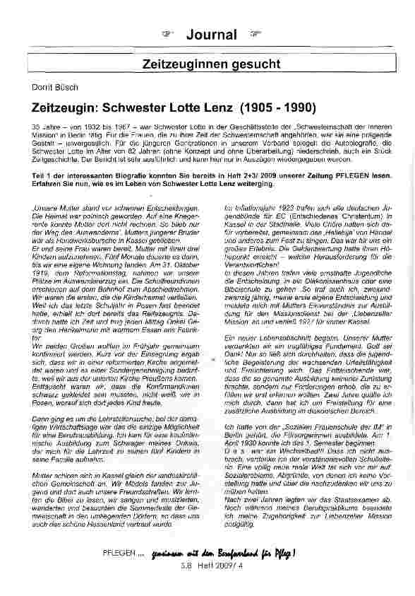 Vorschauseite 1: Zeitzeugin: Schwester Lotte Lenz (1905 -1990)