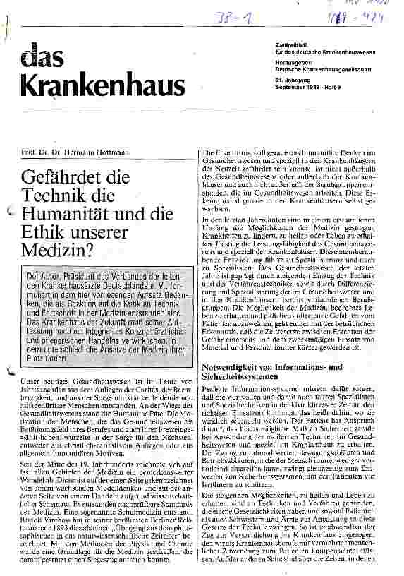 Vorschauseite 1: Gefährdet die Technik die Humanität und die Ethik unserer Medizin?