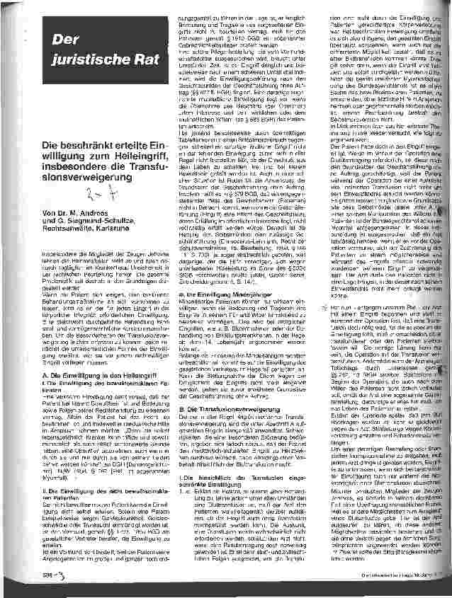Vorschauseite 1: Die beschränkt erteilte Einwilligung zum Heileingriff, insbesondere die Transfusionsverweigerung