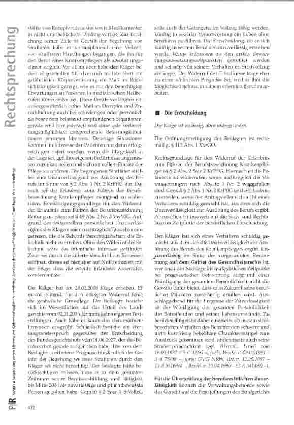 Vorschauseite 4: Verurteilung wegen Missbrauchs Widerstandsunfähiger rechtfertigt Annahme der Unzuverlässigkeit zur Berufsausübung als Krankenpfleger