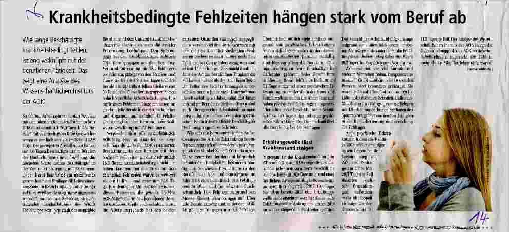 Vorschauseite 1: Krankheitsbedingte Fehlzeiten hängen stark vom Beruf ab