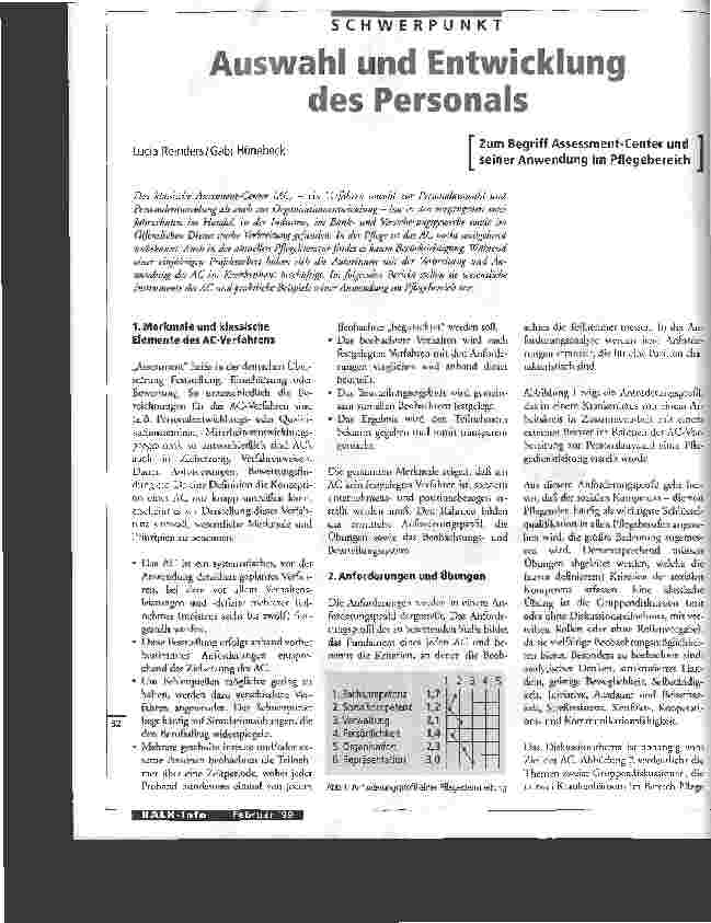 Vorschauseite 1: Auswahl und Entwicklung des Personals Zum Begriff Assessment-Center seiner Anwendung im Pflegebereich