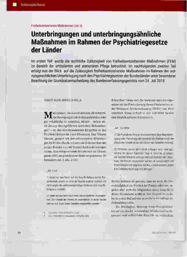 Vorschauseite 1: Freiheitsentziehende Maßnahmen (Teil 2) Unterbringungen und unterbringungsähnliche Maßnahmen im Rahmen der Psychiatriegesetze der Länder