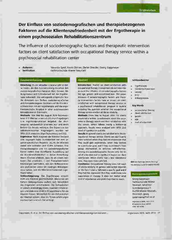 Vorschauseite 1: Der Einfluss von soziodemografischen und therapiebezogenen Faktoren auf die Klientenzufriedenheit mit der Ergotherapie in einem psychosozialen Rehabilitationszentrum