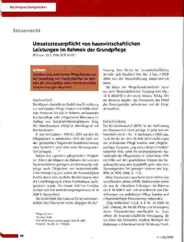 Vorschauseite 1: Umsatzsteuerpflicht von hauswirtschaftlichen Leistungen im Rahmen der Grundpflege