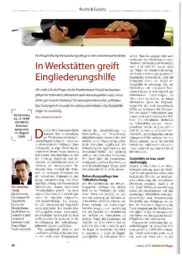 Vorschauseite 1: Rechtsprechung: Behandlungspflege in BehindertenwerkstättenIn Werkstätten greift Eingliederungshilfe