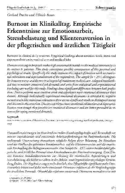 Vorschauseite 1: Burnout im Klinikalltag. Empirische Erkenntnisse zur Emotionsarbeit, Stressbelastung und Klientenaversion in der pflegerischen und ärztlichen Tätigkeit