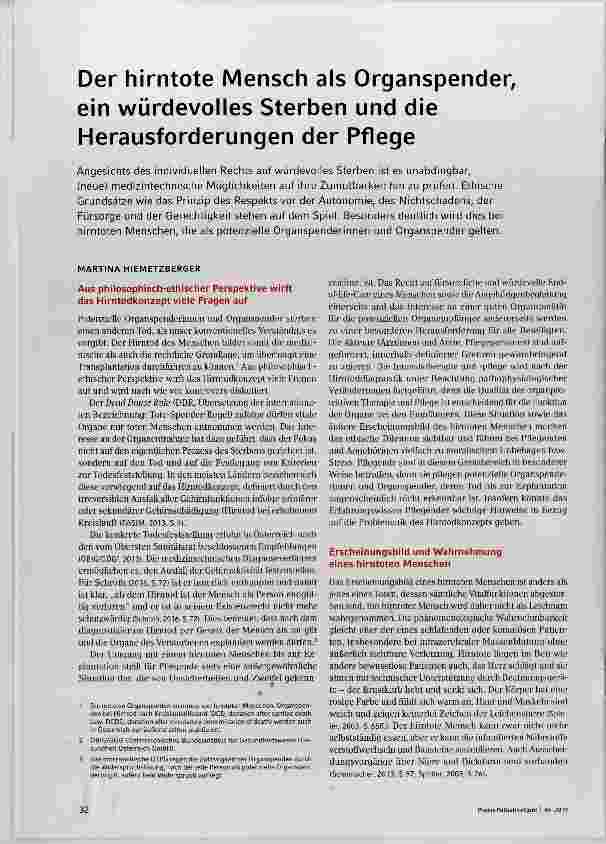 Vorschauseite 1: Der hirntote Mensch als Organspender, ein würdevolles Sterben und die Herausforderungen der Pflege