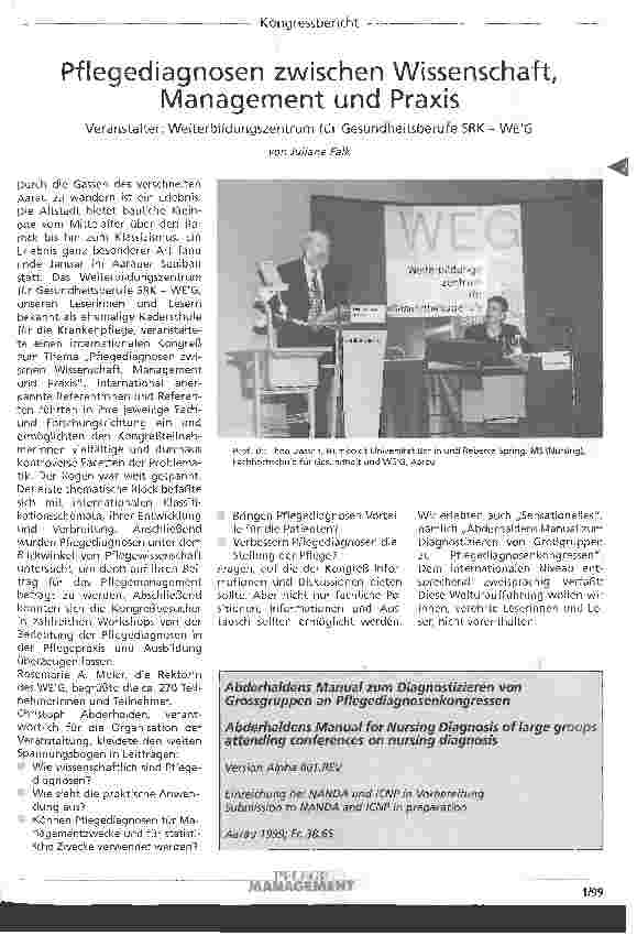 Vorschauseite 1: Pflegediagnosen zwischen Wissenschaft, Management und Praxis Veranstalter: Weiterbildungszentrum für Gesundheitsverufe SRK - WEG