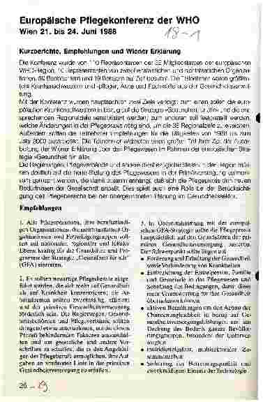 Vorschauseite 1: Europäische Pflegekonferenz der WHO Wien 21. - 24. Juni 1988
