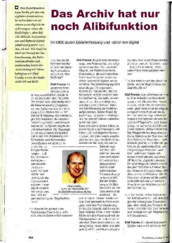 Vorschauseite 1: Das Archiv hat nur noch Alibifunktion Im UKB laufen Datenerfassung und -abruf rein digital
