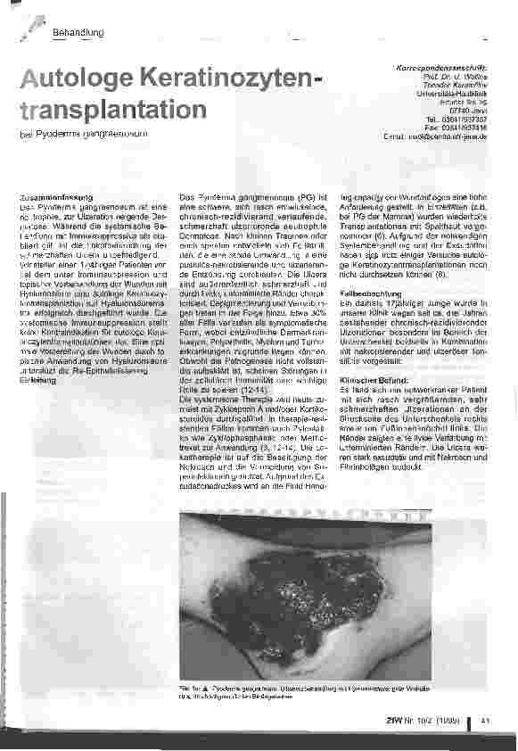 Vorschauseite 1: Autologe Keratinozytentransplantation bei Pyoderma gangraenosum