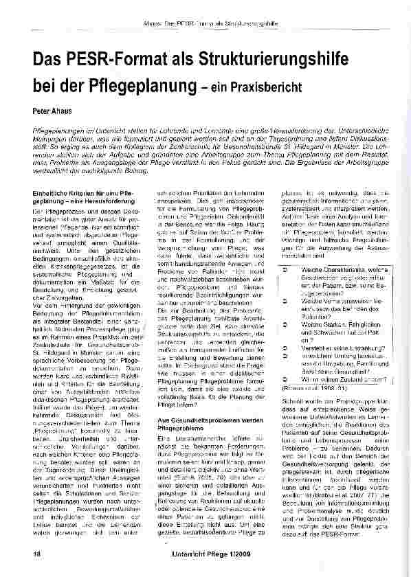 Vorschauseite 1: Das PESR-Format als Strukturierungshilfe bei der Pflegeplanung -ein Praxisbericht